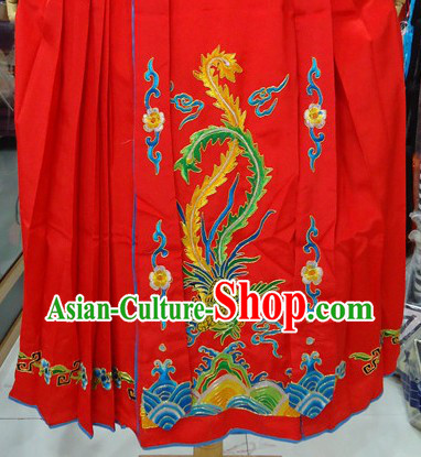Traditional Chinese Stage Performance Red Embroidered Phoenix Skirt