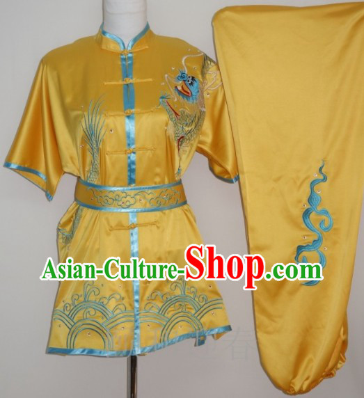 Yellow Dragon Embroidery Silk Martial Arts Shirt Pants and Belt for Middle School Teenagers