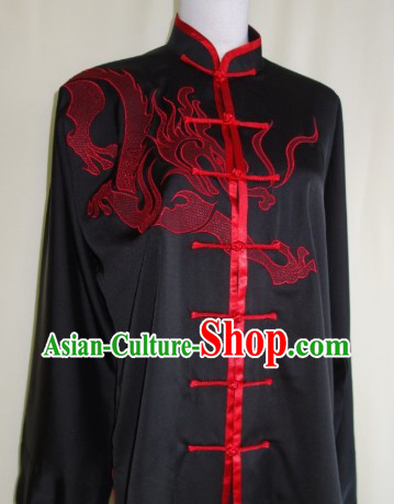 Silk Black Dragon Blouse Pants and Belt with Red Dragon Embroidery
