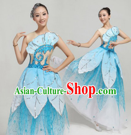 Blue Fan Dance Group Dance Costumes and Headwear Complete Set for Women