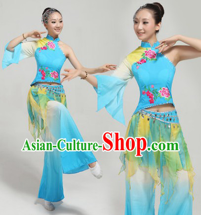 Blue Fan Dance Group Dance Singing Group Performance Costumes and Headwear Complete Set for Women