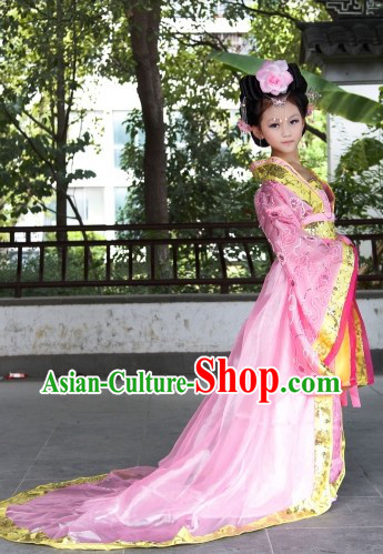 Pink Ancient Chinese Princess Costumes and Hair Accessories Complete Set for Children