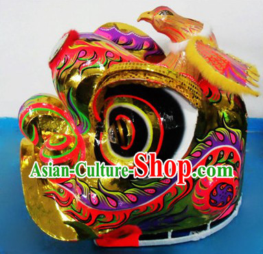 Supreme Bird Horn Lion Dance Costumes Complete Set with Gold Long Wool