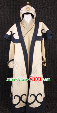 Ancient Chinese Film Costumes Mongolian King Khan Clothes and Hat Complete Set for Men
