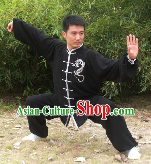 Morning Practice Black Kung Fu Uniform with Silver Dragon