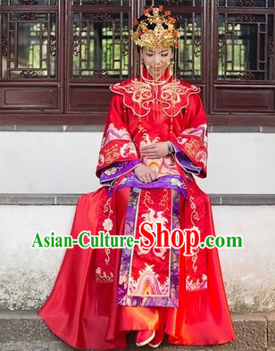 Traditional Chinese Red Phoenix Brides Wedding Blouse, Skirt and Phoenix Coronet