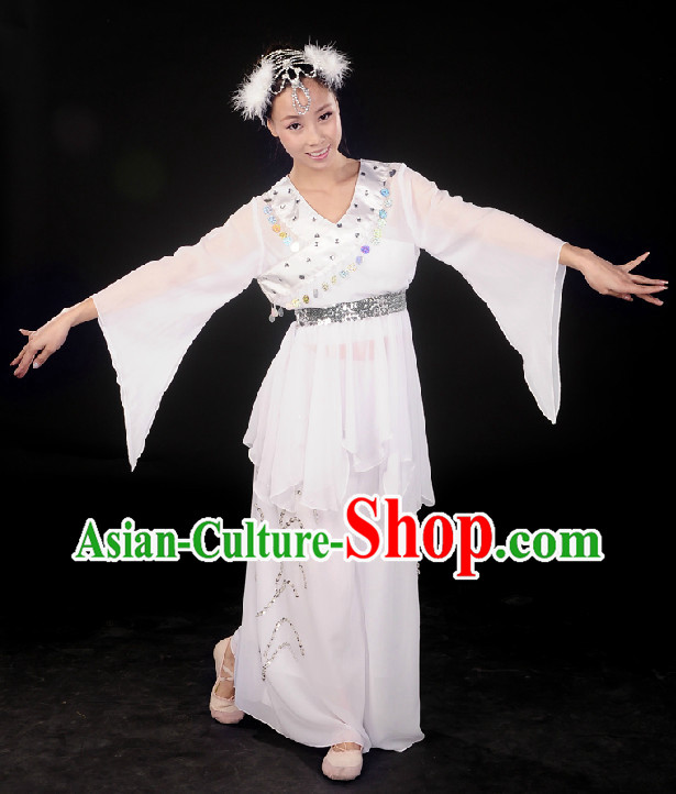 Professional Stage Performance White Fan Dancing Costumes Complete Set