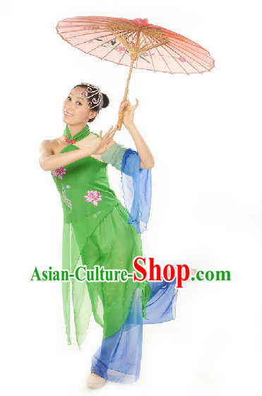 Ancient Chinese Green Snake Umbrella Dance Costumes and Headwear Complete Set