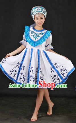White Russia People Dance Costumes and Hat Complete Set
