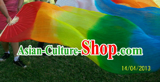 Professional Dancer Rainbow Color Long Silk Dance Fan