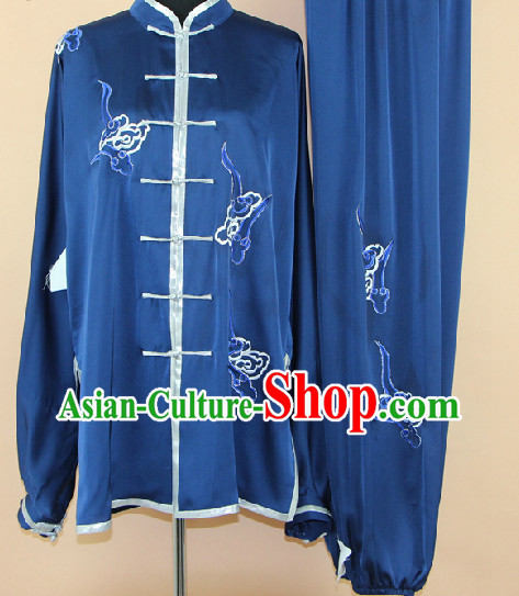 Traditional Chinese Blue Embroidered Martial Arts Uniform Complete Set