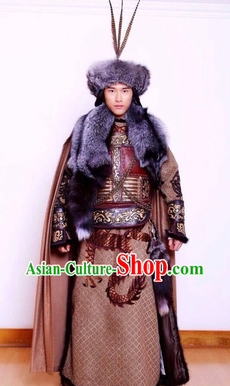 Ancient Chinese National Minority Mongolian Khan Costumes and Hat Complete Set