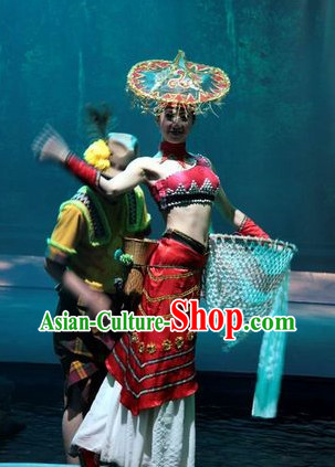 China Ethnic Dance Costumes and Hat Complete Set