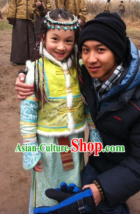 Traditional Mongolian Long Robe and Headwear for Girls