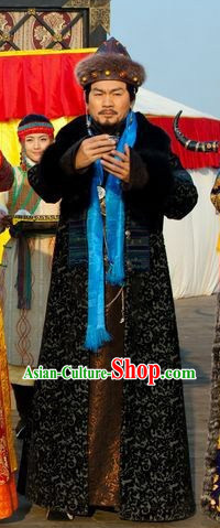 Qing Dynasty Mongolian Long Robe Clothes and Hat Complete Set