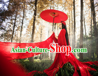Asian Red Fairy Costumes Complete Set with Long Trails