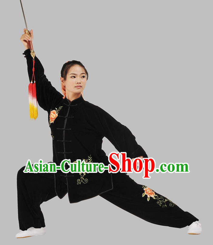 Black Velvet Embroidered Flower Kung Fu Pants and Blouse Complete Set for Women