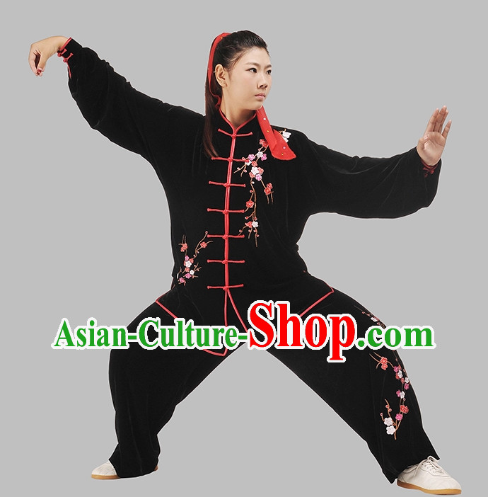 Black Top Velvet Embroidery Kung Fu Pants and Blouse Complete Set for Women