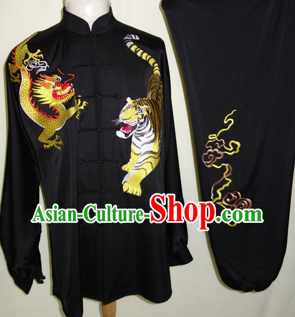 Black Dragon and Tiger Embroidery Silk Martial Arts Tai Chi Blouse Pants and Belt Complete Set