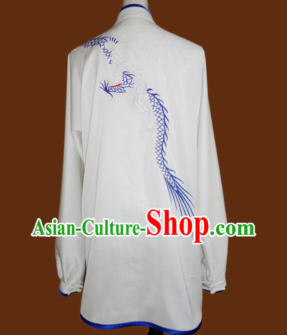 Top White Blue Dragon Embroidery Martial Arts Championship Competition Uniforms