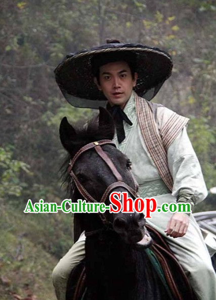 Chinese Swordman Costumes and Bamboo Hat Complete Set for Men