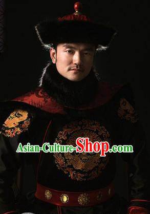 Chinese Qing Dynasty Emperor Dragon Costumes and Hat Complete Set