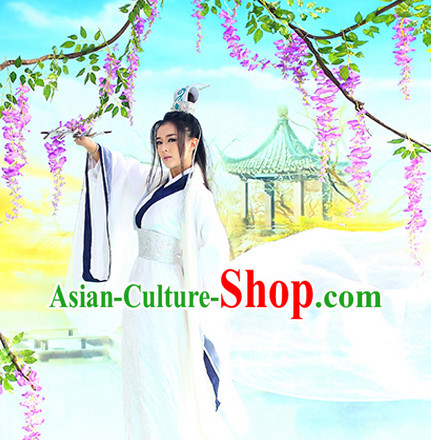Asian Chinese Traditional White Hanfu Costumes and Coronet Complete Set