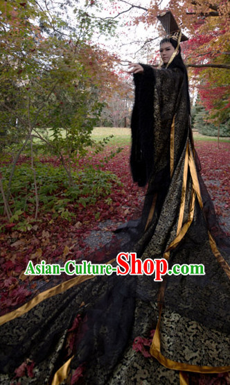Asia Fashion Ancient China Culture Chinese Black Emperor Kimono Dress and Hat