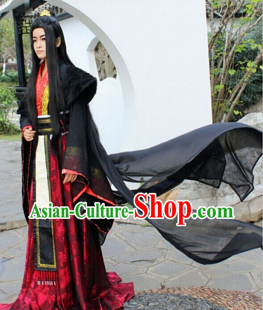 Asia Fashion Chinese Black Kung Fu Master Hanfu Costumes and Long Wig
