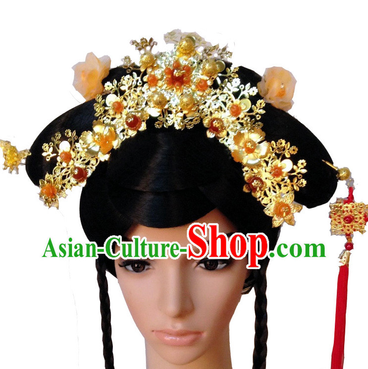 Handmade Chinese Empress Long Black Wig and Hair Jewelry