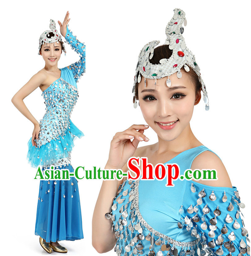 Chinese Dai Zu Ethnic Dance Costumes Apparel Dance Stores Dance Gear Dance Attire and Hair Accessories Complete Set for Women