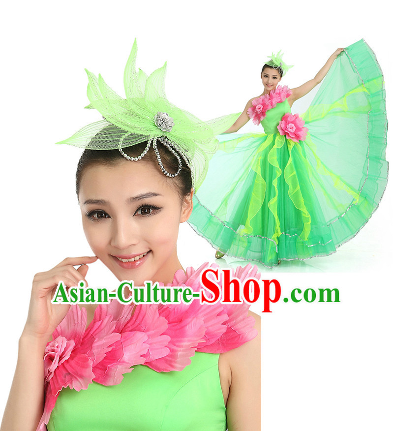 Chinese Flower Dance Costumes Apparel Dance Stores Dance Gear Dance Attire and Hair Accessories Complete Set for Women
