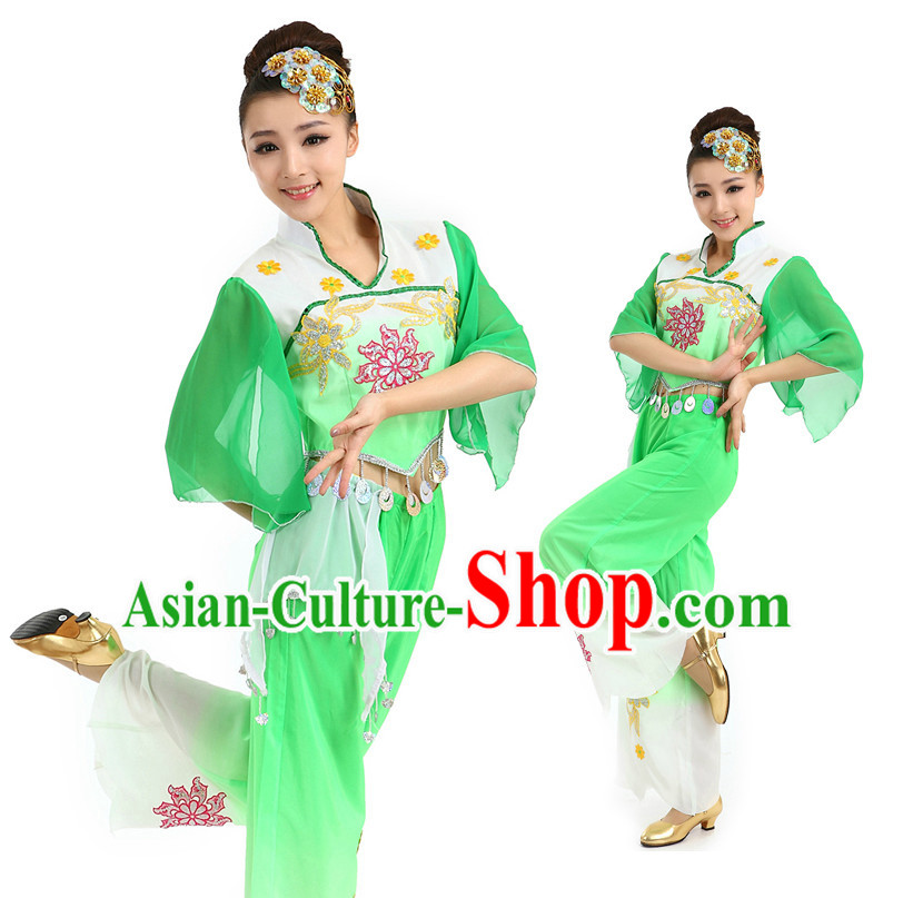 Chinese Green Fan Dancing Costumes Apparel Dance Stores Dance Gear Dance Attire and Hair Accessories Complete Set