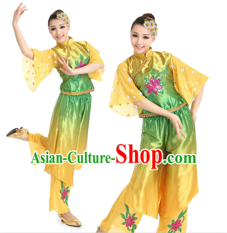 Chinese Fan Dancing Costumes Apparel Dance Stores Dance Gear Dance Attire and Hair Accessories Full Set