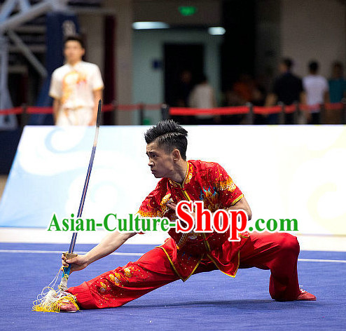 Top Red Giant Dragon Embroidery Martial Arts Uniform Supplies Kung Fu Southern Swords Broadswords Championship Competition Uniforms for Men