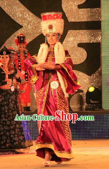 Chinese Ethnic Mongolian Empress Costumes and Hat Complete Set for Women