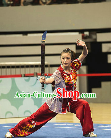 Top Red Shinning Chinese Kung Fu Sword Uniforms Martial Arts Competition Costume for Women