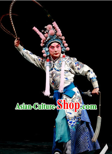 Chinese Ancient Wu Sheng Costumes Fighting or Military Character Costume and Long Pheasant Feather Tail Helmet Complete Set for Men