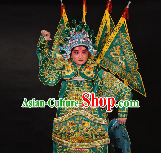 Chinese Green Beijing Opera Wu Sheng Fighting or Military Character Armor Costumes Flags and Helmet Full Set for Men