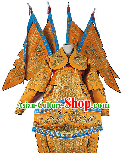 Chinese Yellow Theatrical Costume Beijing Opera Costumes Peking Opera Wu Sheng Embroidered Armor Costumes and Flags for Men