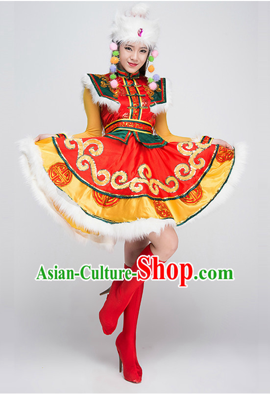 Asian Mongolian Dancing Costumes and Hat Complete Set for Women