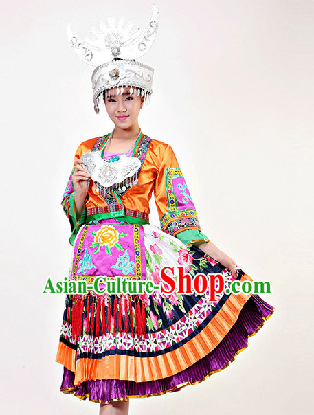 Chinese Miao Ethnic Minority Competition Dance Costumes and Hat Complete Set for Women