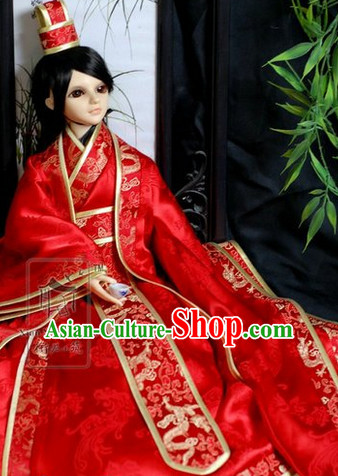 Chinese Red Folk Wedding Dress and Hat for Bridegrooms