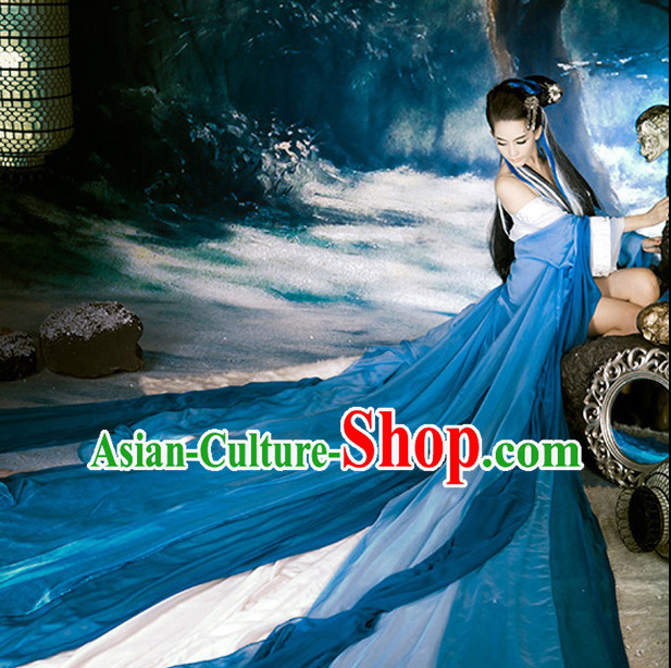 Deep Blue and White Chinese Ancient Beauty Costumes Complete Set with Long Tail
