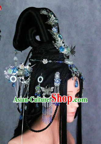 Chinese Traditional Handmade Empress Long Black WIgs and Hair Accessories Set