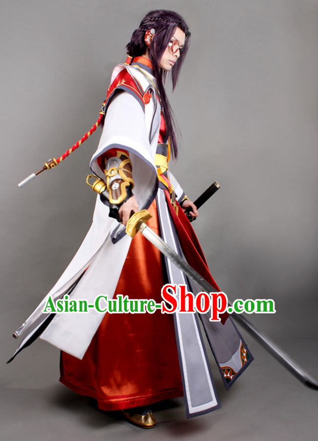 Asia Fashion Chinese Male Warrior Cosplay Costumes and Hair Accessies Complete Set