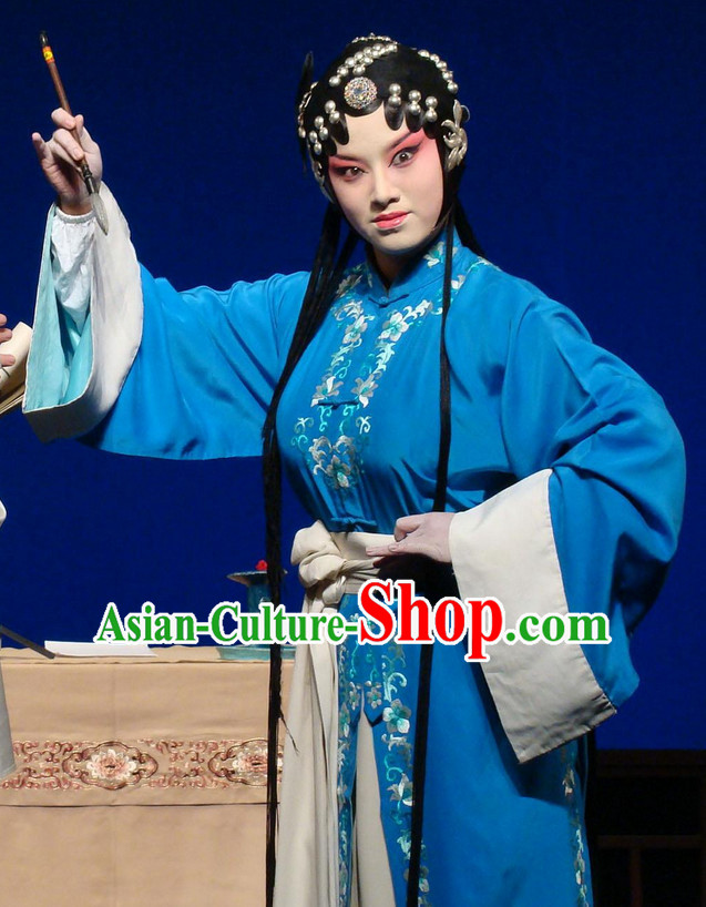 Chinese Traditional Dresses Theatrical Costumes Ancient Chinese Hanfu Qing Yi Blue Costumes and Hair Accessories