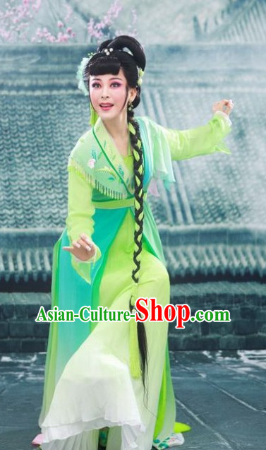 Asian Chinese Traditional Dress Theatrical Costumes Ancient Chinese Clothing Green Fairy Costumes and Hair Accessories