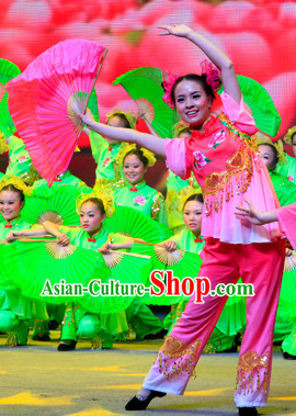 China Traditional Fan Dance Costumes and Headwear Complete Set for Women
