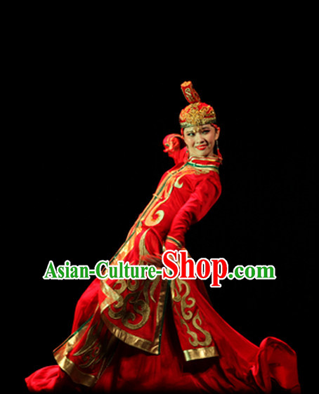 Beautiful Chinese Mongolian Dance Costumes and Hat Complete Set for Women